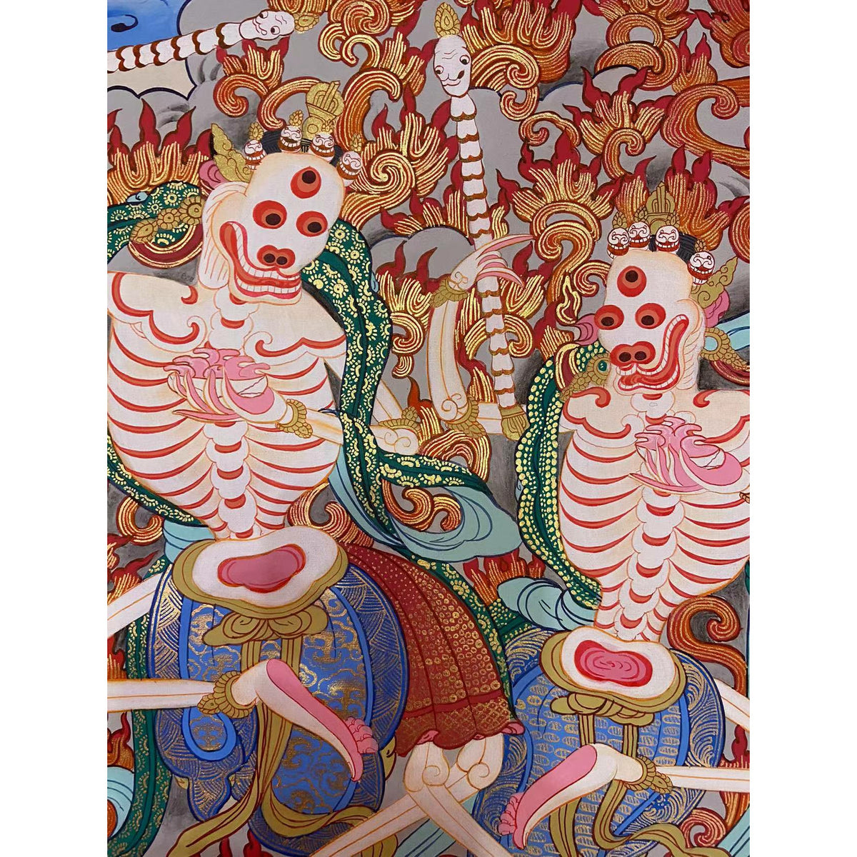 32 BLESSED BROCADE WOOD SCROLL TIBETAN THANGKA : CITIPATI, LORDS OF DEATH  =