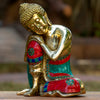 Resting Buddha Pure Bronze Statue with Coral, Turquoise and Lapis Stone Inlaid