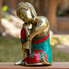 Resting Buddha Pure Bronze Statue with Coral, Turquoise and Lapis Stone Inlaid