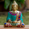 Dhyana Mudra Buddha Pure Bronze Statue with Coral, Malachite and Lapis Stone Inlaid