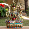 Chenrezig Buddha Pure Bronze Statue with Coral, Turquoise and Lapis Stone Inlaid