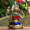 Chenrezig Buddha Pure Bronze Statue with Coral, Turquoise and Lapis Stone Inlaid