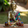 Medicine Buddha Pure Bronze Statue with Coral, Malachite,Lapis and More Stone Inlaid