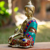 Medicine Buddha Pure Bronze Statue with Coral, Malachite,Lapis and More Stone Inlaid