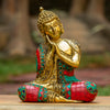 Resting Buddha Pure Bronze Statue with Coral, Turquoise and Lapis Stone Inlaid